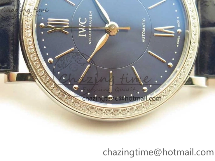 MIROTIME 1224 Portofino 37mm SS V7F 1:1 Best Edition Blue Dial Diamonds Bezel on Blue Leather Strap A Chic 7093